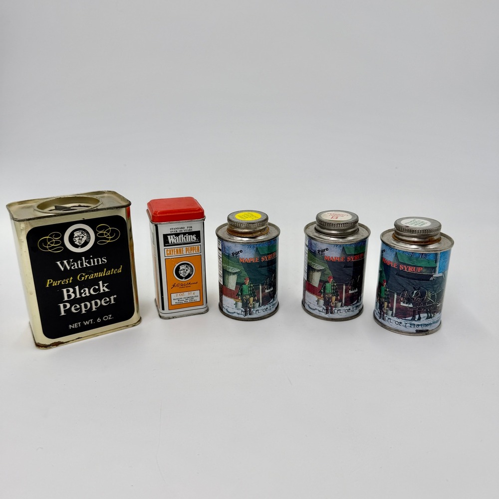 Vintage Watkins Spice Tins & Maple Syrup Cans and Black Pepper Cayenne Lot of 5